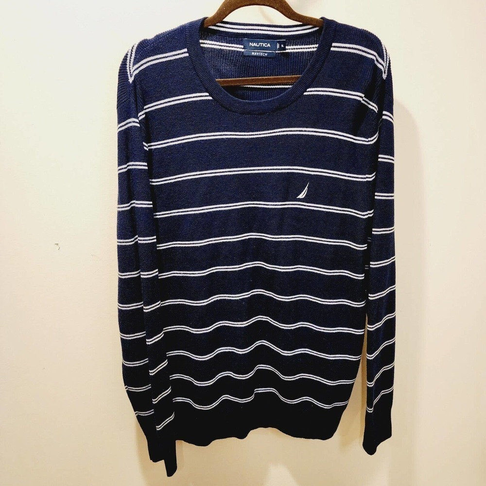 Men's NAUTICA Luxury Performance Navy Stripe Crew Neck Sweater Size XL